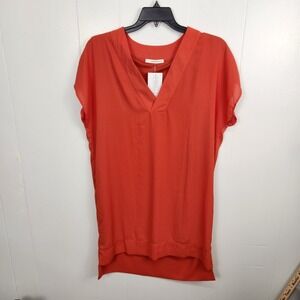 Caramela Tunic Shirt Womens Large Red V Neck Short‎ Sleeve High Low Hem Blouse